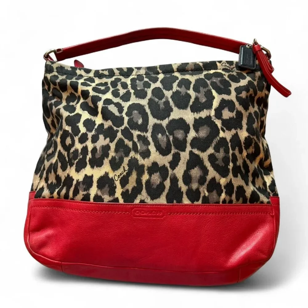 Coach Leopard Print Hobo Shoulder Bag Red Leather Trim
